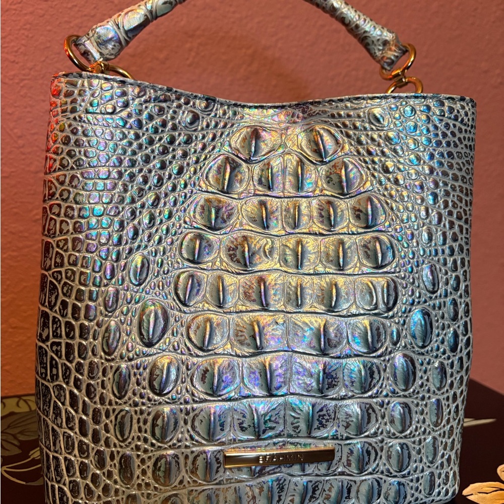 Brahmin Iridescent Silver Croc-Embossed Shoulder Bag